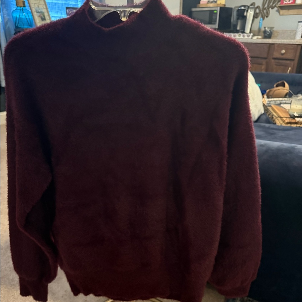 Cyrus Plush Fuzzy Mock Neck Sweater – Size Small, Deep Burgundy
